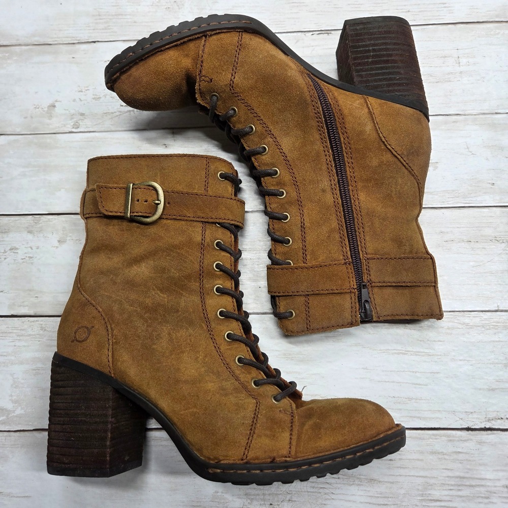 Born Cass F34826 Suede Lace Up Ankle Boots Combat Women 8M Cognac Brown Buckle